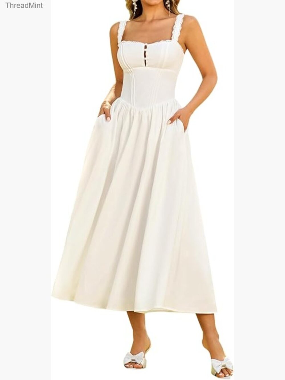 Women Corset Midi Dress A-Line Flowy Wedding Guest with Pockets